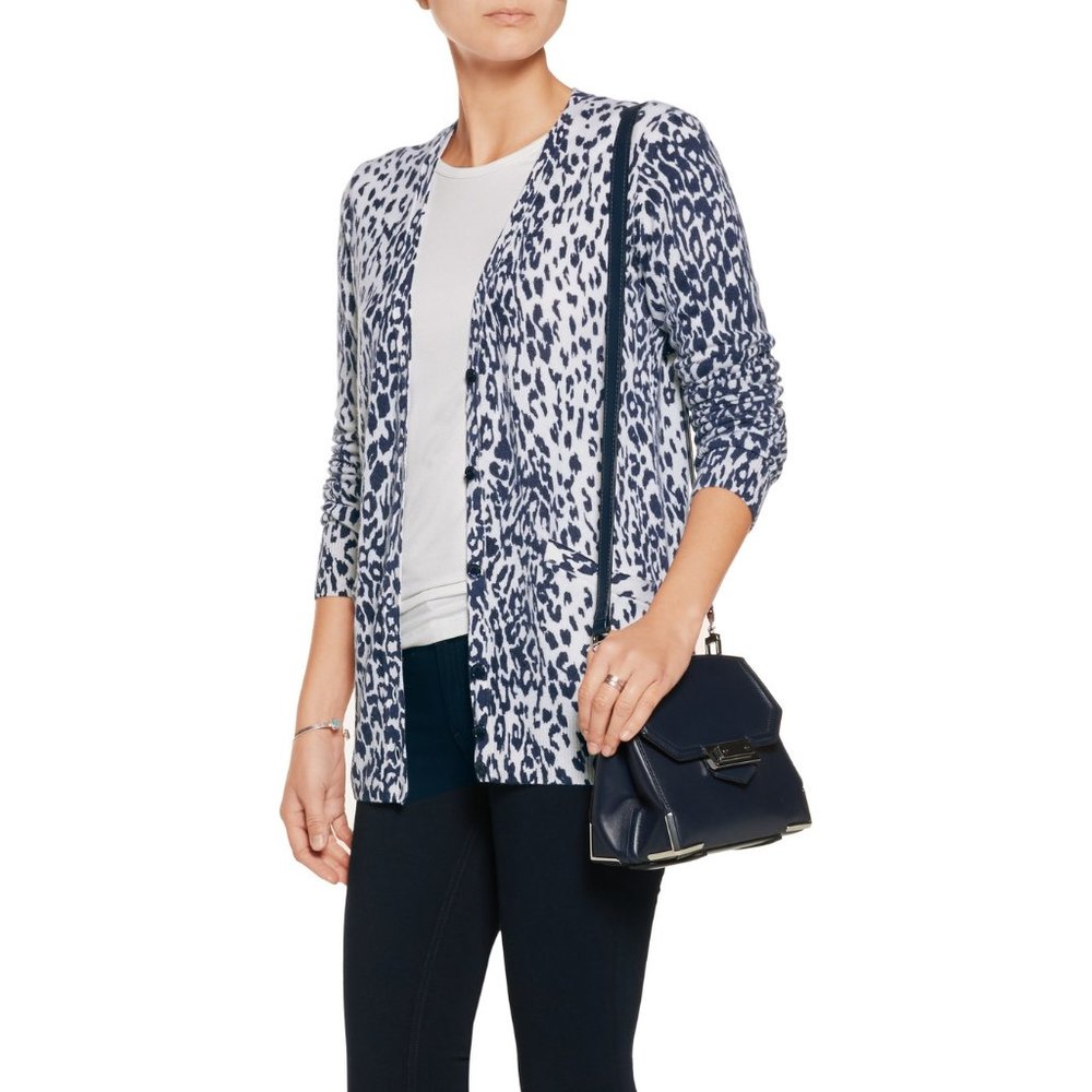 NWT Equipment Cashmere Cheetah Jacquard Cardigan Sweater Ivory Peacoat XS